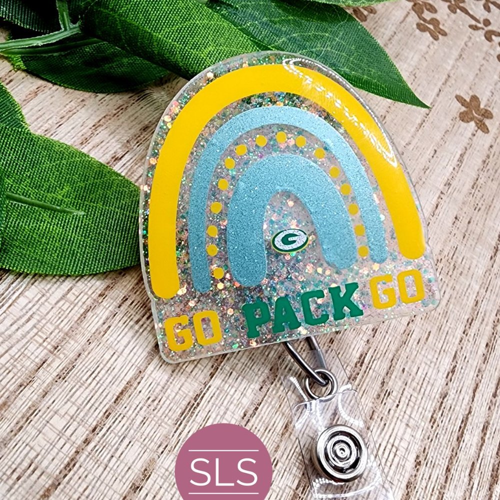 Go Pack Go Rainbow Badge Reel-Football Badge Reel